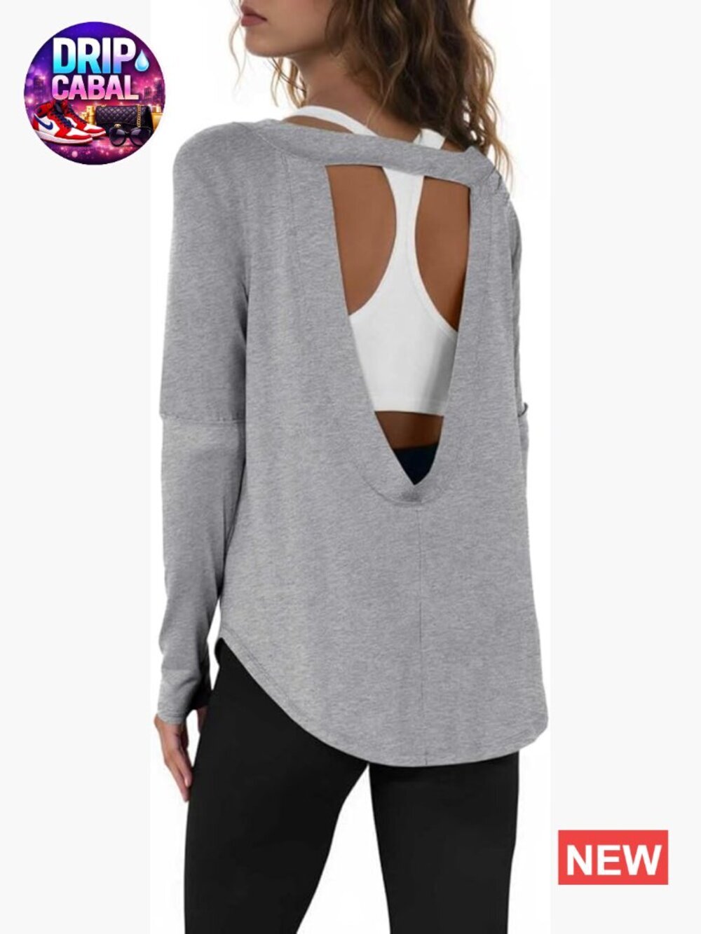 Open Back Long Sleeve Boat Neck Workout Shirt with Thumb Holes